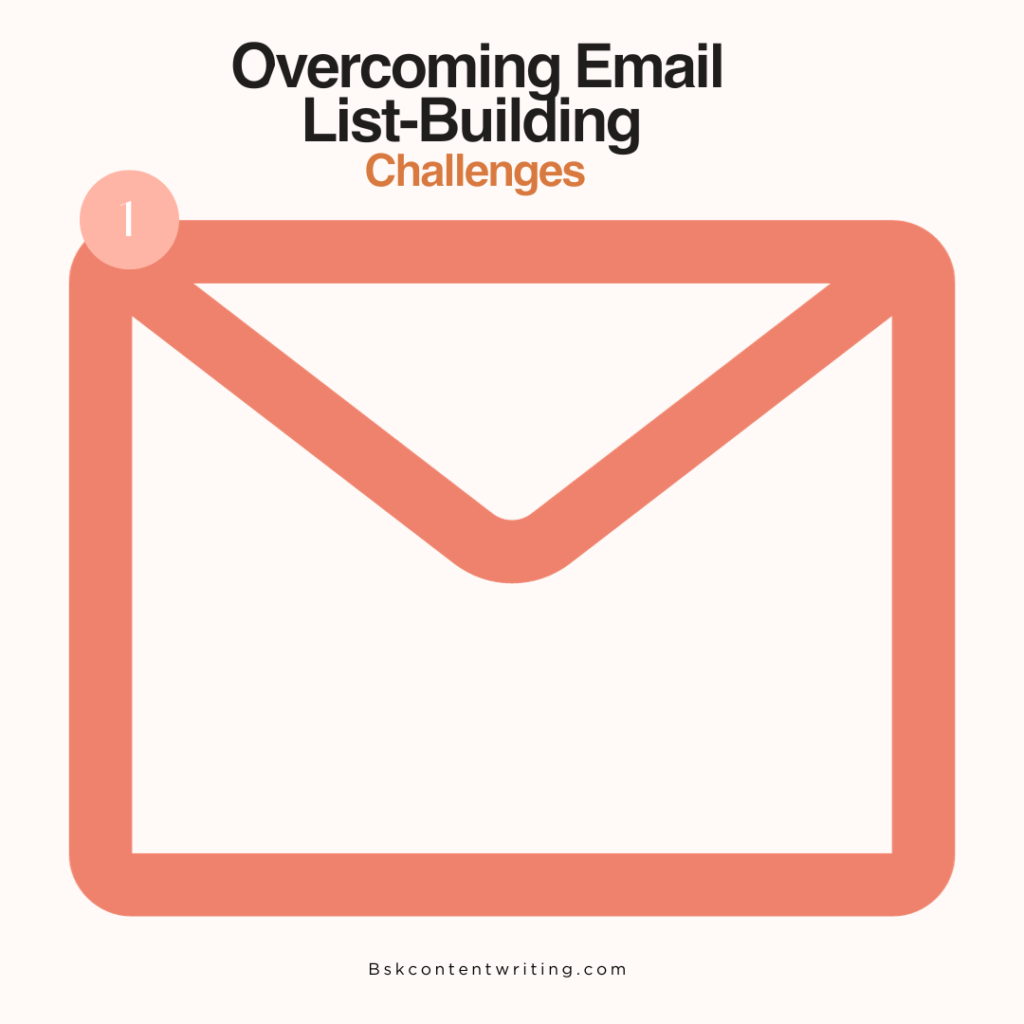 A graphic image of an orange envelope with a paper inside that says “Overcoming Email List-Building Challenges”.